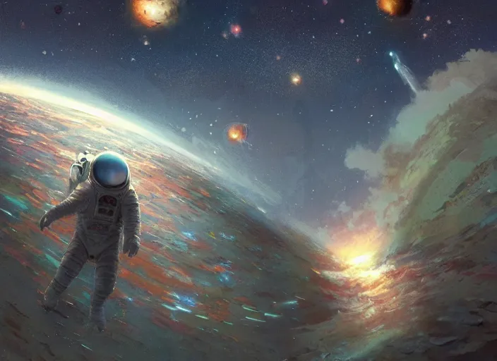 Image similar to craig mullins and ghibli digital illustration of an astronaut floating in the middle of the cosmos doing jazz improv, full body, strong contrast, earth, galaxies, ethereal, inviting, bright, raking light from constellations, unreal engine, hyper realism, realistic shading, cinematic composition, realistic render, octane render, detailed textures, photorealistic, wide shot