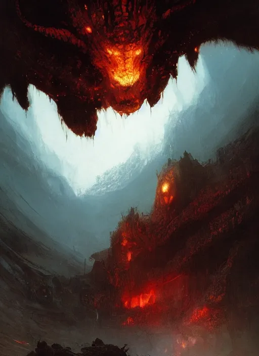 Image similar to looking up at a balrog in a vast cavern, intricate, elegant, highly detailed, john park, frazetta, sparth, ruan jia, jeffrey catherine jones