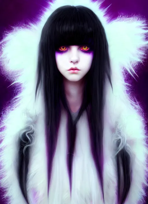 Image similar to hair blackbangs hair, white cyberlox, portrait of normal teenage girl, normal face, black bangs, messy bangs, fluffy bangs, cyberlox, whitebangs, red contact lenses, purple background, intricate, elegant, highly detailed, digital painting, artstation, concept art, sharp focus, smooth, illustration, art by wlop, mars ravelo and greg rutkowski