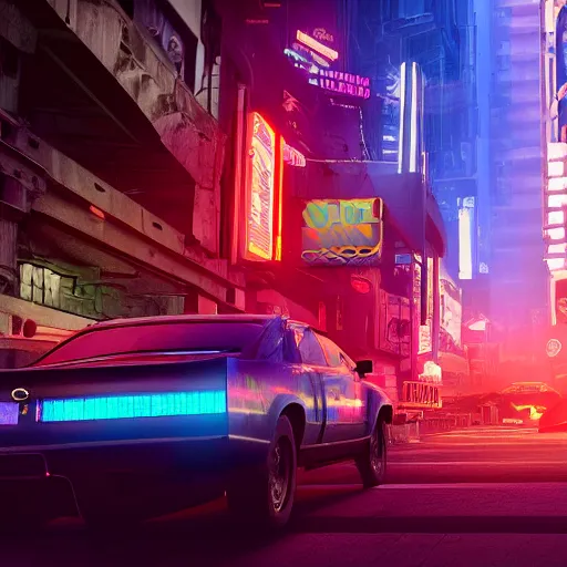 Image similar to a 3 d rendered in unreal engine guatemalan cyberpunk city with neon ads and signs with evocative dramatic mood with blade runner vibe with cars with motion blur with depth of field with bloom with lightshaft with volumetric lights, fog, by scott robertson, oscar winning graphics, photo realistic, bloom, imax, dynamic lighting, artstation, 3 d video game