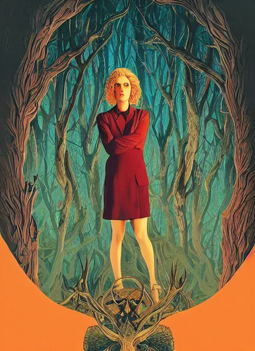Image similar to poster artwork by Michael Whelan and Tomer Hanuka, Karol Bak of Kiernan Shipka dressed as satanist, from scene from Twin Peaks, clean