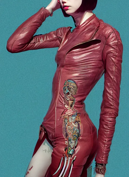 Image similar to skintight leather jacket : : by martine johanna and simon stalenhag and chie yoshii and casey weldon and wlop : : ornate, dynamic, particulate, rich colors, intricate, elegant, highly detailed, centered, artstation, smooth, sharp focus, octane render, 3 d