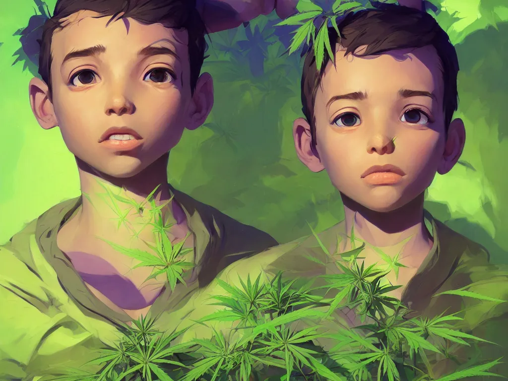 Image similar to kid with symmetrical beauty face, green flowers of marijuana purple glow hemp cannabis, behance hd, by jesper ejsing, by rhads, makoto shinkai, lois van baarle, ilya kuvshinov, rossdraws global illumination, golden ratio