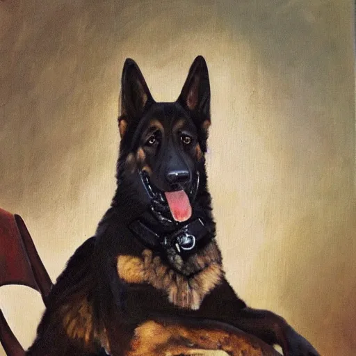 Image similar to a oil painting of a anthropomorphic german shepherd beast - man, wearing military outfit, sitting on an armchair