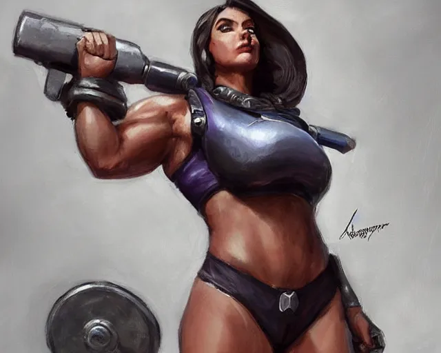 Image similar to portrait of ana amari from overwatch as a beautiful female bodybuilder amazon with plump lips, elegant, fantasy, hd shot, digital portrait, beautiful, artstation, comic style, by artgerm, guy denning, jakub rozalski, magali villeneuve and charlie bowater