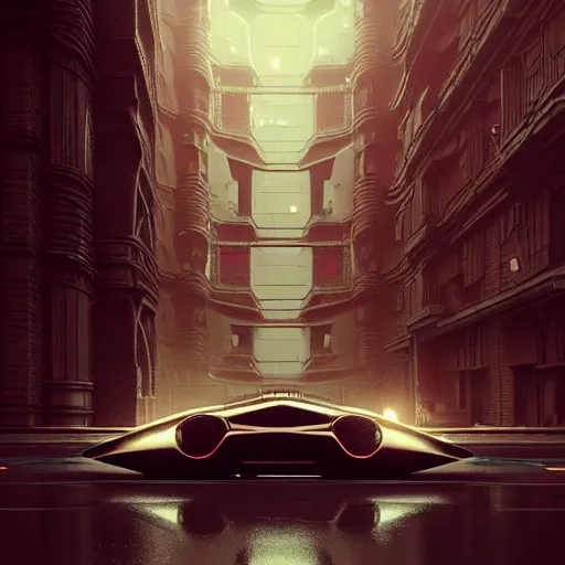 Image similar to cyborg cyber vintage supercar slick warm tones : by michal karcz, daniel merriam, victo ngai and guillermo del toro : ornate, dynamic, particulate, intricate, elegant, highly detailed, centered, artstation, smooth, sharp focus, octane render