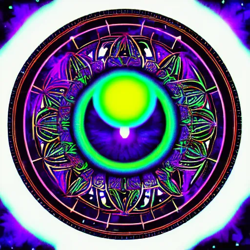 Image similar to cyberpunk neon colored blackhole mandala eye art, galaxy lineart, symmetrical mandala art