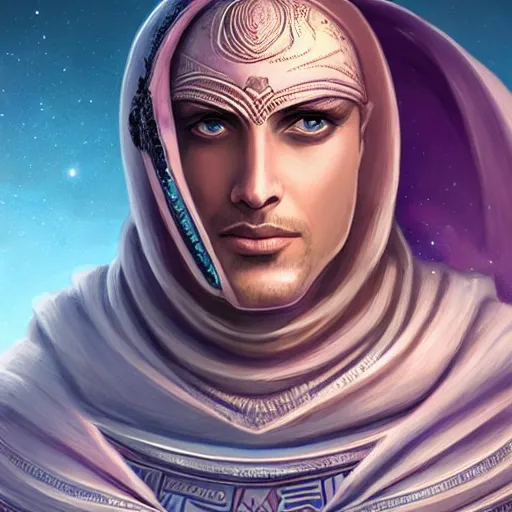 Image similar to detailed portrait of emperor of dune muad'dib, old roman style, non - reflective gray neon cloak, decorated with traditional atreides ornaments by rhads, makoto shinkai cyril rolando, madgwick illustrated, perfect face, fine details, realistic shaded, fine - face, pretty face