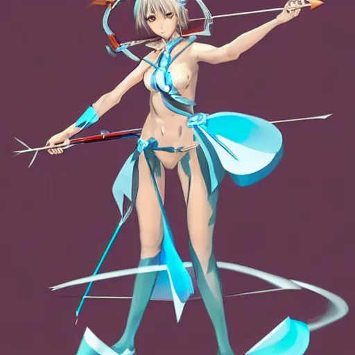 Image similar to an anime woman in an outfit made of water is doing a trick with bow and arrow, concept art by senior character artist, polycount contest winner, process art, concept art, 2d game art, artstation hd