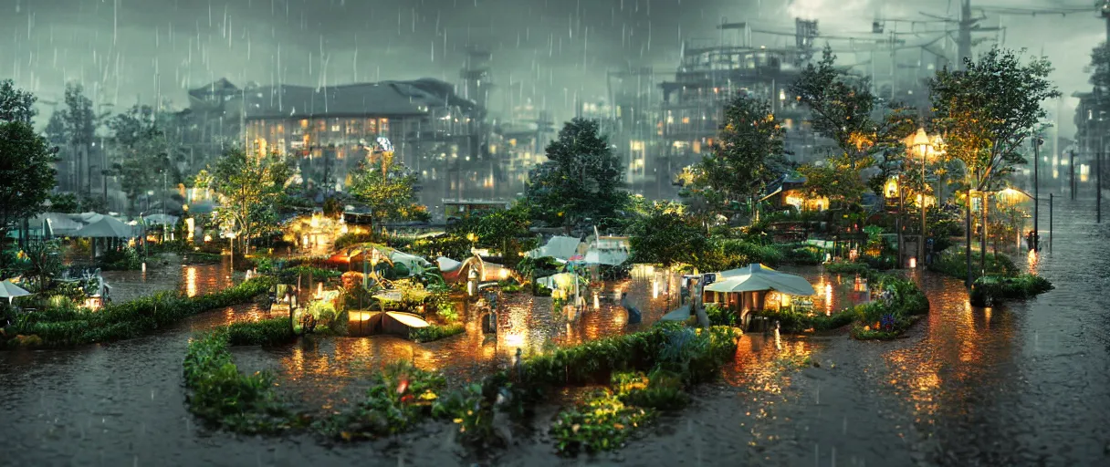 Image similar to carriership landing on raining night at flooded miniature city, emotion is on the rise on the town, cute style garden, octane render, trees, evergreen, patio, garden, wet atmosphere, tender, soft light misty yoshitaka amano, and artgerm, pixel art