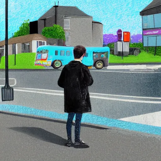 Image similar to a young man waiting at the bus stop in ireland, digital art