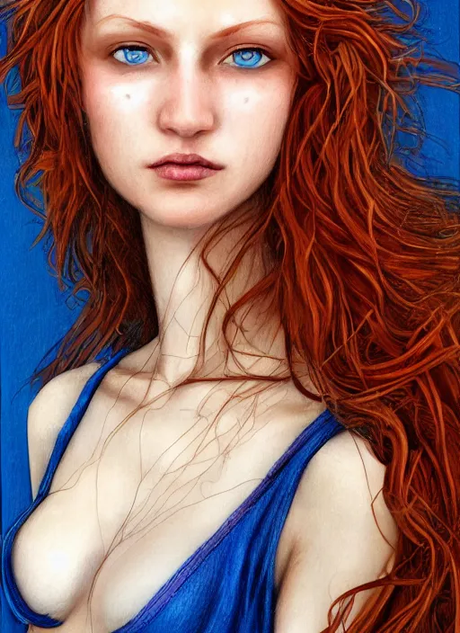 Prompt: close up portrait drawing of a ( thin young redhead woman with russian descent, sunbathed skin, with ( intricate deep blue eyes ) and ( wavy long maroon colored hair ) who looks directly at the camera with a ( slightly open mouth ) ). face takes up half of the photo. a park visible in the background. detailed 8 k art by luis royo.