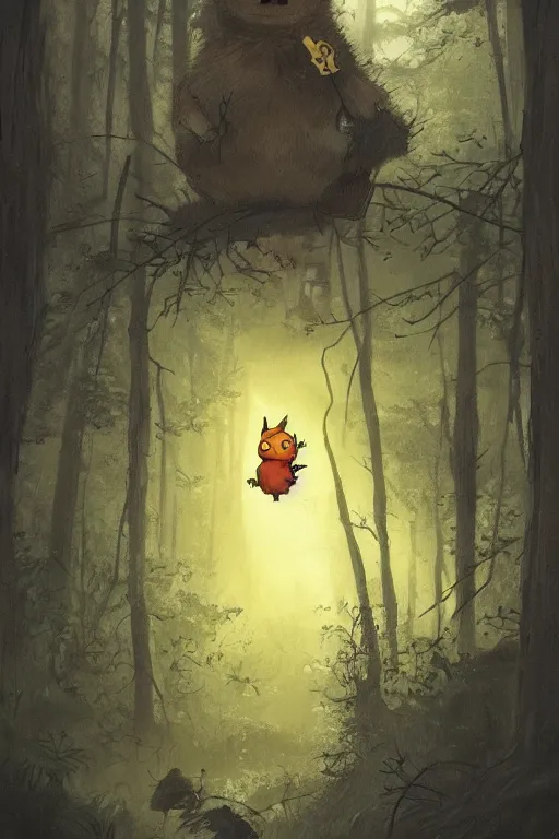 Image similar to Pikachu in the forest, horror, illustrated by Greg Rutkowski and Caspar David Friedrich, Trending on artstation, artstationHD, artstationHQ