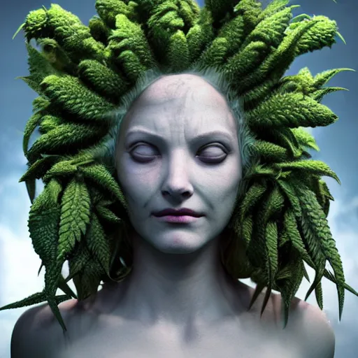 Prompt: marijuana bud as medusa, weta 8 k hyper realistic detailed cinematic still, volumetric lighting surreal photorealism