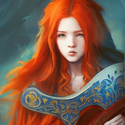 Image similar to red haired teen with a lute and cloak with many pockets with blue flames in background, dramatic, intricate, elegant, highly detailed, digital painting, artstation, concept art, smooth, sharp focus, illustration, octane render, art by Leesha Hannigan, Ross Tran, Thierry Doizon, Kai Carpenter, Ignacio Fernández Ríos