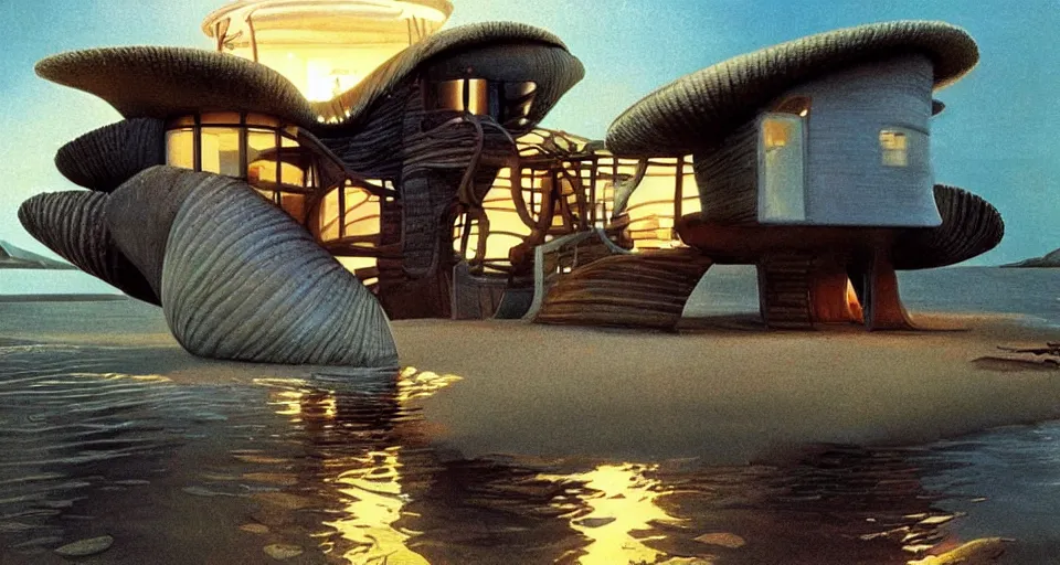 Image similar to seashell house where a little girl lives, atmospheric cinematography by syd mead and emmanuel lubezki