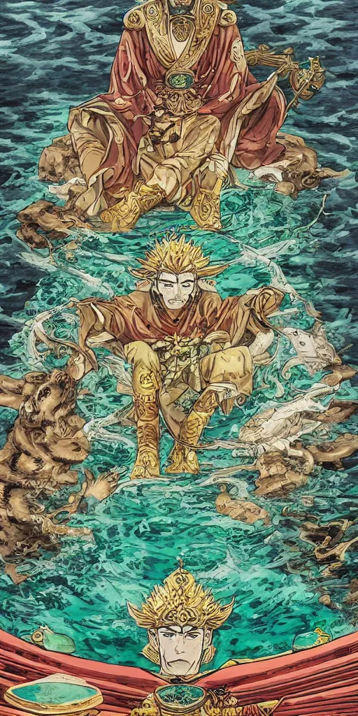 Image similar to a lone emperor sitting on a emerald throne floating on water in the middle of a lake drawn by Makoto Yukimura in the style of Vinland saga anime, full color, detailed, psychedelic, Authority, structure, a father figure, tarot card