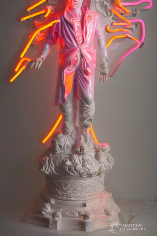 Image similar to full-body neon porcelain rococo bladerunner greek style sculpture of a young royal Zayn Malik as a high-fashion half-robot wearing retro shades with a porcelain body with an opening exposing a battery leaking radioactive liquid, electric sparks, glowing violet laser beam eyes, crown of giant rubies, flowing pink and orange neon-colored silk, luminescent fabrics, mechanical raptors. baroque and steampunk elements. full-length view. baroque element. intricate artwork by caravaggio. Very very very very highly detailed epic photo of face. Trending on artstation, octane render, cinematic lighting from the right, hyper realism, octane render, 8k, depth of field, 3D