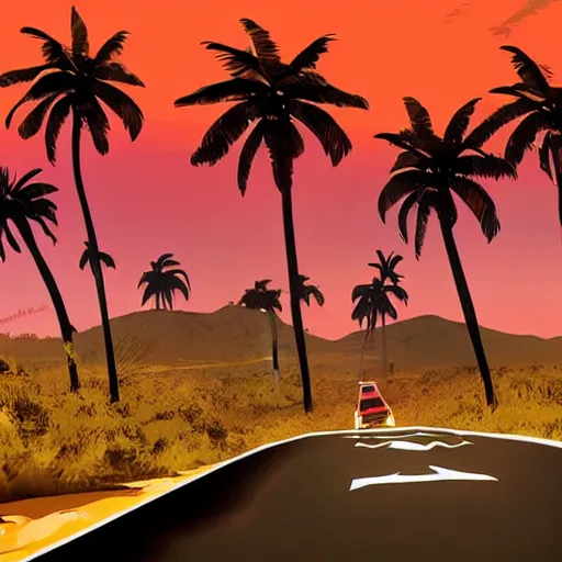 Prompt: far cry car leaking black tar chaotic intensive apocalyptic adrenaline anger oil black tar landscape wasteland miami desert landscape natural disasters sunset palm trees landscape hotline Miami style