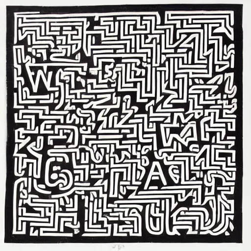 Prompt: a maze composed of a bunch of letters including W, O, R, L, D by Keith Harring