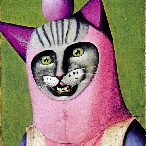 Image similar to portrait of the cat of cheshire bosch with pink and purple striped fur and a huge malicious smile by hieronymus bosch. oil on wood