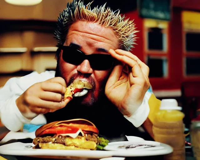 Image similar to dramatic color photo of guy fieri eating a burger, detailed and creepy, by william eggleston, fujifilm velvia 5 0, color photography, sigma 2 8 mm