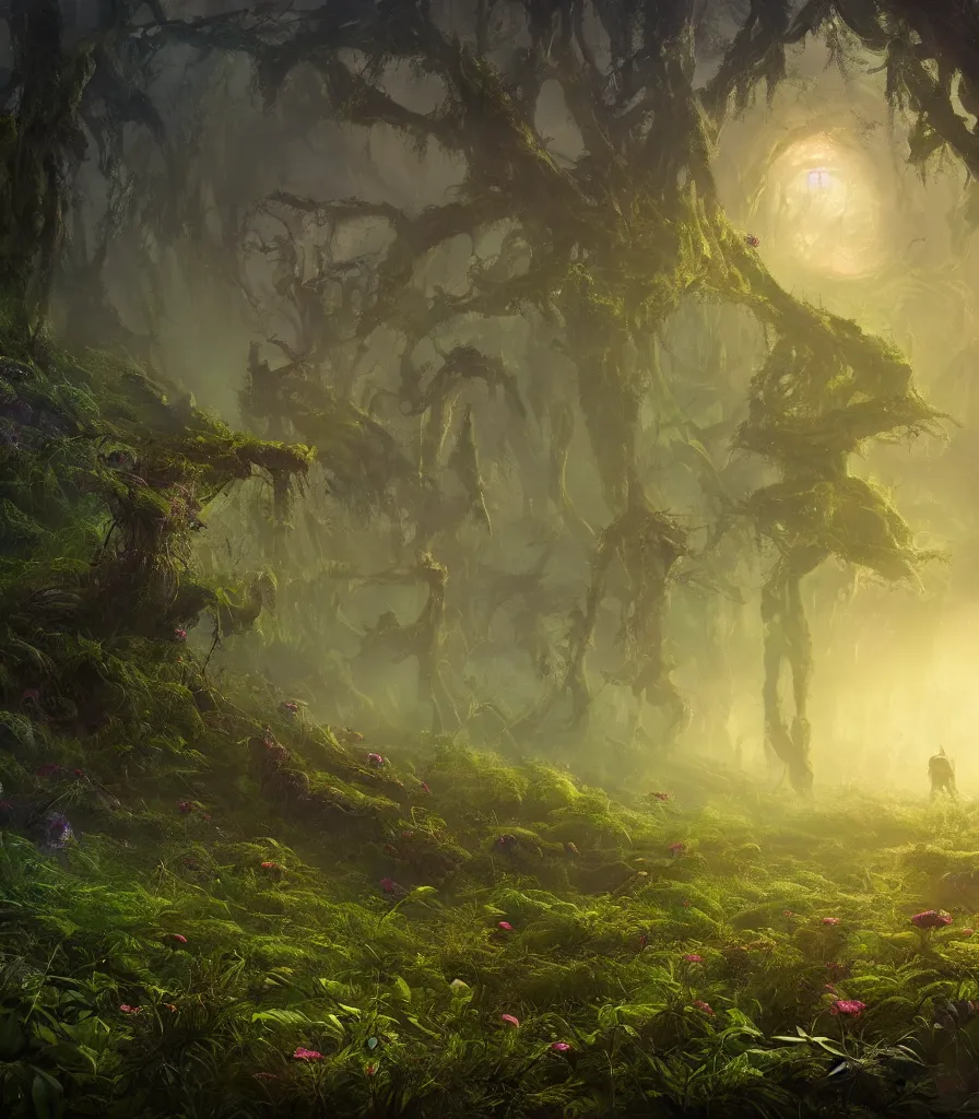 Prompt: a lush alien clearing, alien forest in background, otherworldly, wide angle, flowers, cinematic, very detailed, glowing plants, fog, night, vivid, featured on artstation, 4k
