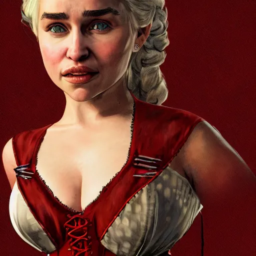 Prompt: Detailed artistic portrait of Emilia Clarke in a Old Western Corset in Red Dead Redemption video game, 4k detailed artstation digital art