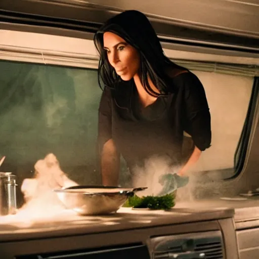 Prompt: film still of kim kardashian as walter white cooking meth inside an rv, in the tv show breaking bad, full-shot, 4k