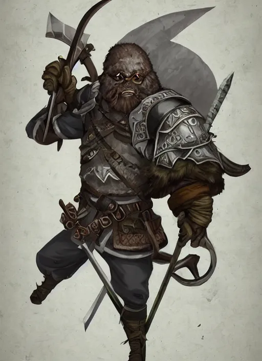 Image similar to strong young man, photorealistic bugbear ranger holding aflaming sword, black beard, dungeons and dragons, pathfinder, roleplaying game art, hunters gear, jeweled ornate leather and steel armour, concept art, character design on white background, by studio ghibli, makoto shinkai, kim jung giu, poster art, game art