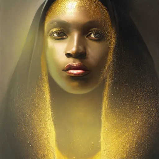 Image similar to a portrait of a young black woman wearing a long dark cloak, hood and shadows covering face, holding golden chains, oil painting, matte painting, black background, Volumetric Golden dappled dynamic lighting, Highly Detailed, Cinematic Lighting, Unreal Engine, 8k, HD, by Beksinski