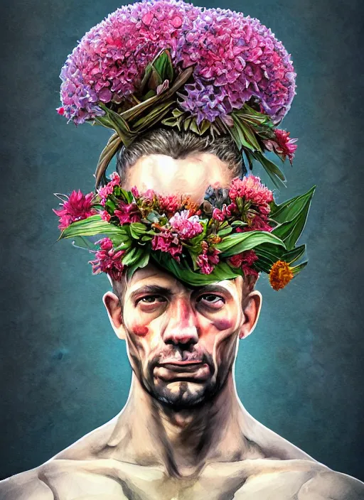 Image similar to handmade character portrait of a serious american soldier man, flowers growing on his body, explosion of amaryllis, hydrangea on his head, chrysanthemum, hyacinth, in the style of artgerm and enki bilal and bastien lecouffe - deharme, wlop, line art, watercolor, cinematic lighting, hyperdetailed, hyperrealistic