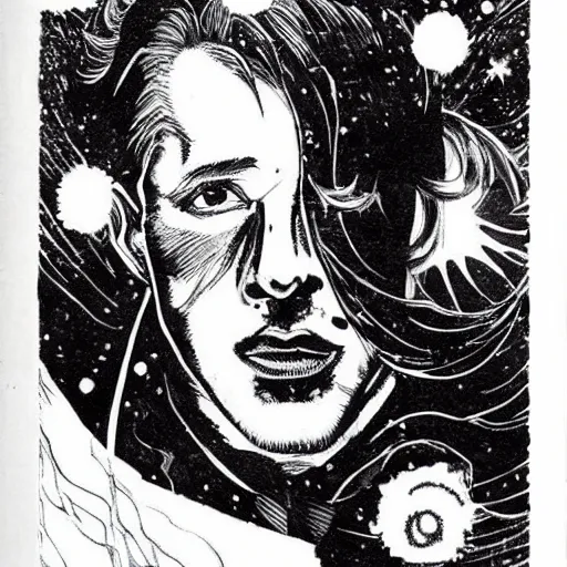 Image similar to black and white pen and ink!!!!!!! Yoshitaka Amano designed Ryan Gosling wearing cosmic space robes made of stars final form flowing royal hair golden!!!! Vagabond!!!!!!!! floating magic swordsman!!!! glides through a beautiful!!!!!!! Camellia flower battlefield dramatic esoteric!!!!!! Long hair flowing dancing illustrated in high detail!!!!!!!! by Moebius and Hiroya Oku!!!!!!!!! graphic novel published on 2049 award winning!!!! full body portrait!!!!! action exposition manga panel black and white Shonen Jump issue by David Lynch eraserhead and beautiful line art Hirohiko Araki!! Rossetti, Millais, Mucha, Jojo's Bizzare Adventure