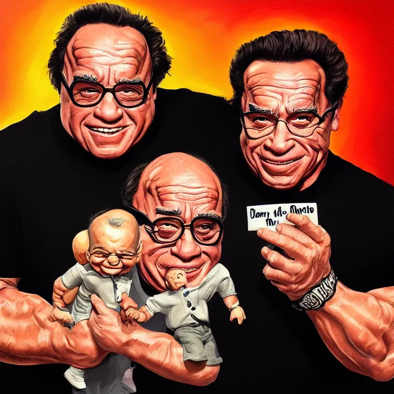 Image similar to Portrait of Danny DeVito holding a miniature Arnold Schwarzenegger gently in his hands, highly detailed, concept art, illustration, cinematic, artstation, digital painting, mystical, zen