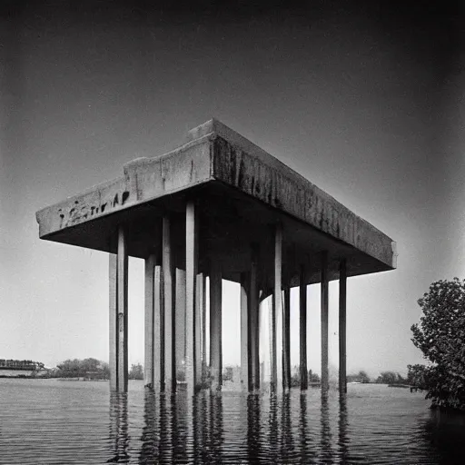 Image similar to a floating upside down brutalism architecture, ilford hp 3, photo from 1 9 5 0, emerged by a river