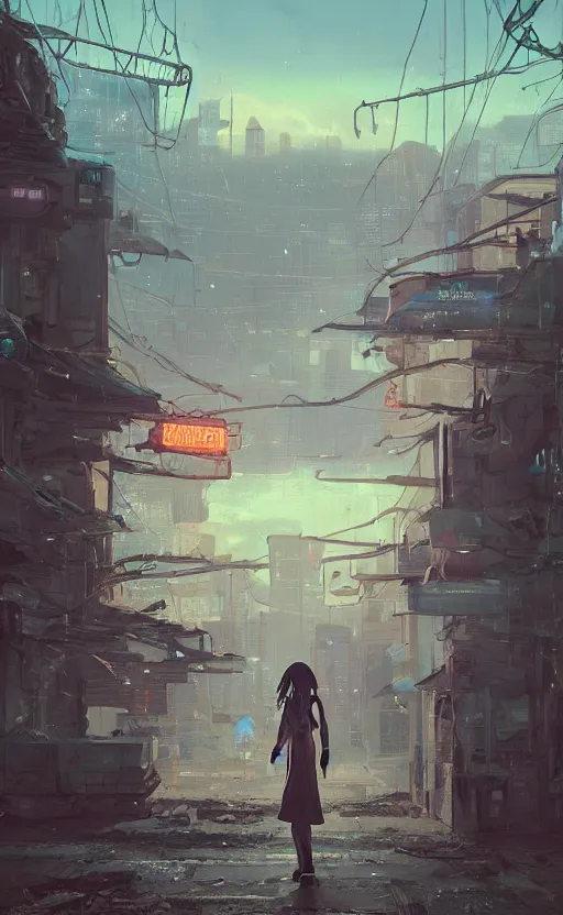 Prompt: a cloaked adventure standing in a winding road, gas lamps. ruins of a far away postcyberpunk city far away in the distance, wide view, desolate. digital illustration, very vibrant colors, soft lighting, adventurous, atmospheric lighting, 8K, octane render. By Makoto Shinkai, Stanley Artgerm Lau, WLOP, Rossdraws, James Jean, Andrei Riabovitchev, Marc Simonetti, krenz cushart, Sakimichan, D&D trending on ArtStation, digital art.