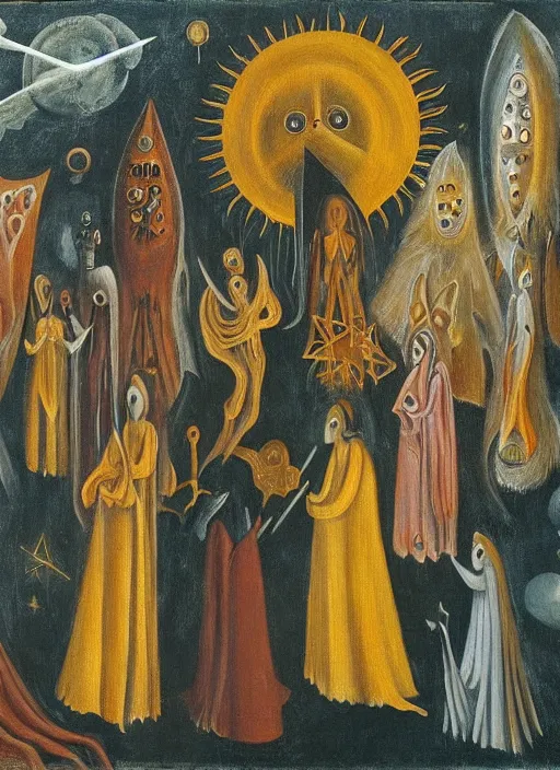 Image similar to a group of celestial beings communicating with weird machines by leonora carrington