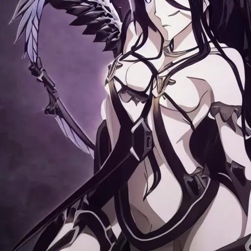 Image similar to anime albedo from overlord, overlord anime tv series, with long black hair and angel wings