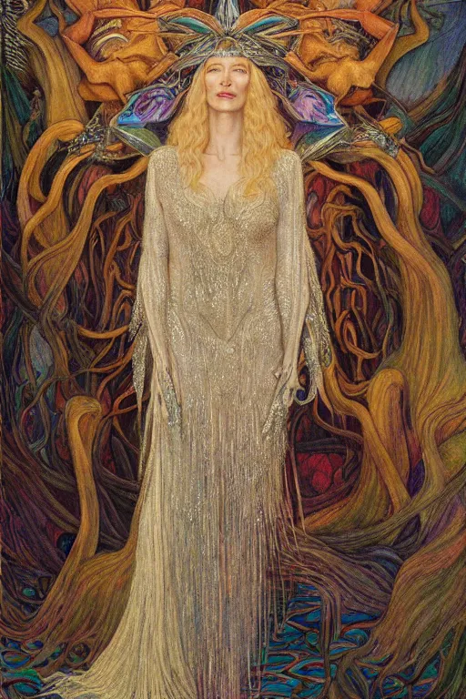 Image similar to cate blanchett , by jean delville and Gaston Bussière and Tino Rodriguez and Diego Rivera , elaborate headdress and embroidered velvet, iridescent beetles, rich color, dramatic cinematic lighting, extremely detailed