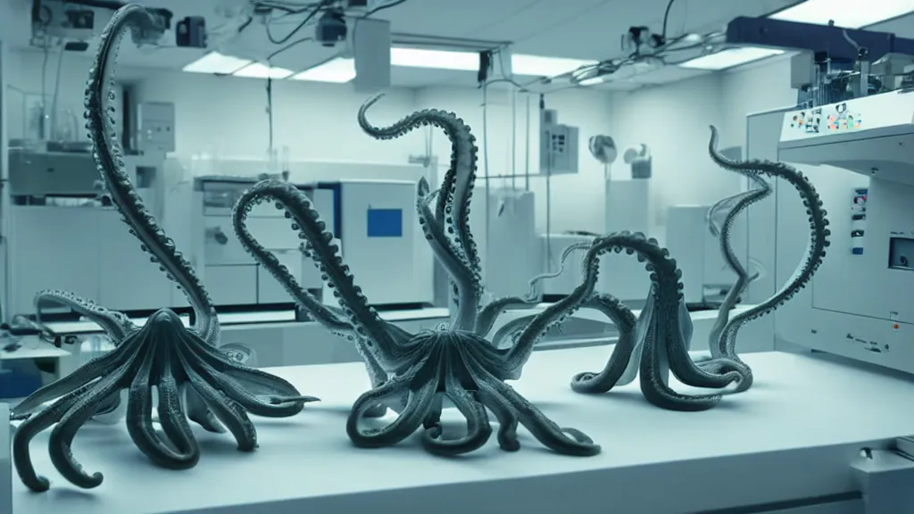 Image similar to a mri 3 d printer machine and control panels in the laboratory inspection room making mutant octopus forms, film still from the movie directed by denis villeneuve with art direction by salvador dali, wide lens