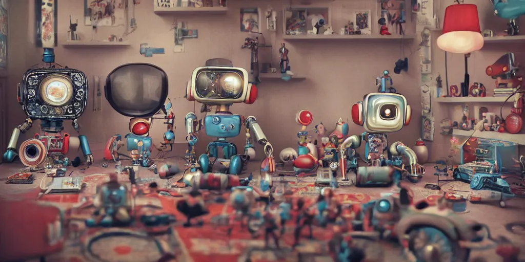 Image similar to closeup portrait of tin toy retro living room of cyberpunk robot family, depth of field, zeiss lens, detailed, centered, fashion photoshoot, by nicoletta ceccoli, mark ryden, lostfish, breathtaking, 8 k resolution, extremely detailed, beautiful, establishing shot, artistic, hyperrealistic, octane render, - h 8 0 4