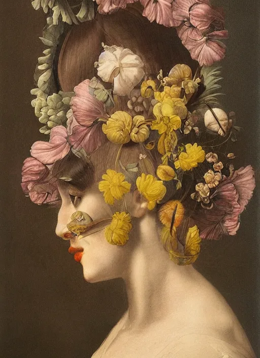 Prompt: a woman's face in profile, with long hair made of still life flowers and fruit, in the style of the dutch masters, dark and moody