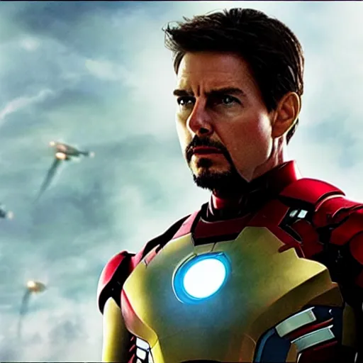 Image similar to promotional image of Tom Cruise as Iron Man in Iron Man（2008）, he wears Iron Man armor without his face, movie still frame, promotional image, imax 70 mm footage