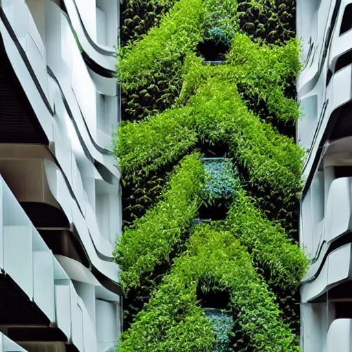 Prompt: futuristic liminal space architecture adorned with mysterious unknown flora. rare vertical agriculture. fantasy art architecture with hypermodern minimalist construction.