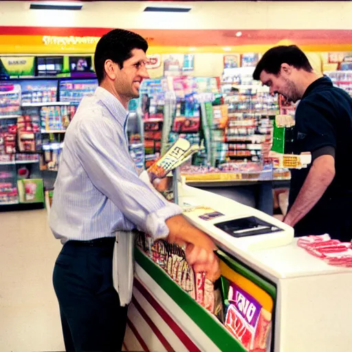 Prompt: Former House Speaker Paul Ryan minding the till at a 7/11. CineStill