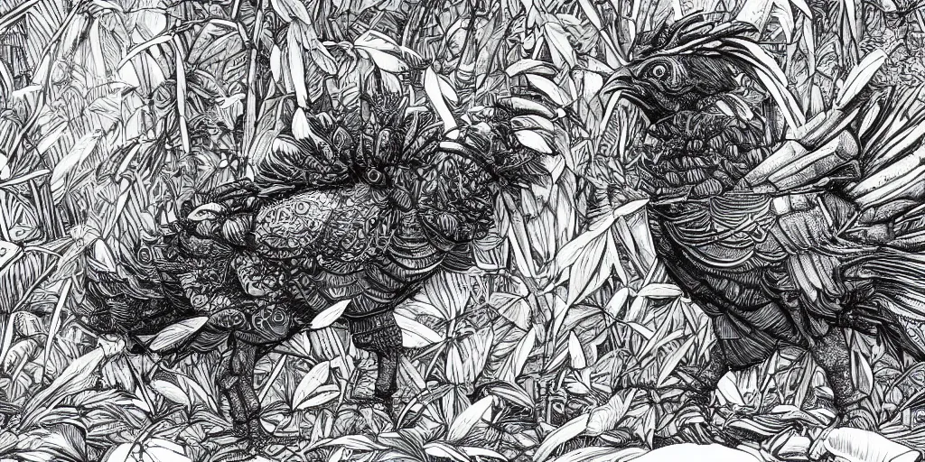 Prompt: ballpoint pen illustration of a fully armoured rooster in a dense jungle hyper detailed