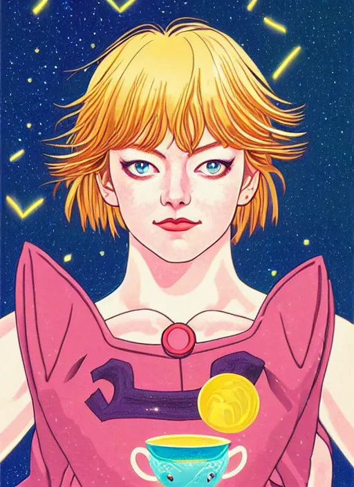 Image similar to realistic portrait of emma stone as a sailor moon, making the coffee, early morning, light falling on face, futuristic, highly detailed, 8 0 - s style poster, sharp focus, illustration, art by kawase hasui,