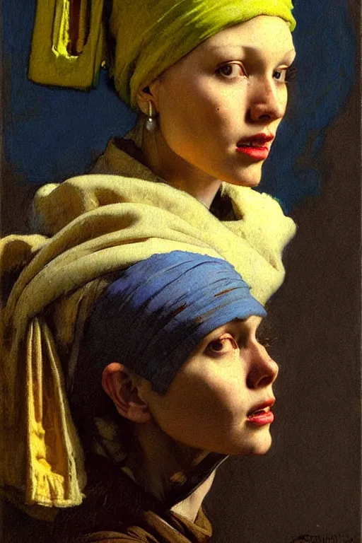 Image similar to full character portrait fallout character not the girl with the pearl earring character design, painting by gaston bussiere, katsuya terada, nc wyeth, greg rutkowski, craig mullins, vermeer, frank frazetta, mucha, tom of finland, trending on artstation, jeffery catherine jones