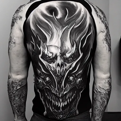 Prompt: diablo lord of terror engulfed in flames, 3/4 shot from below, full body, detailed greyscale tattoo by Dmitriy Tkach