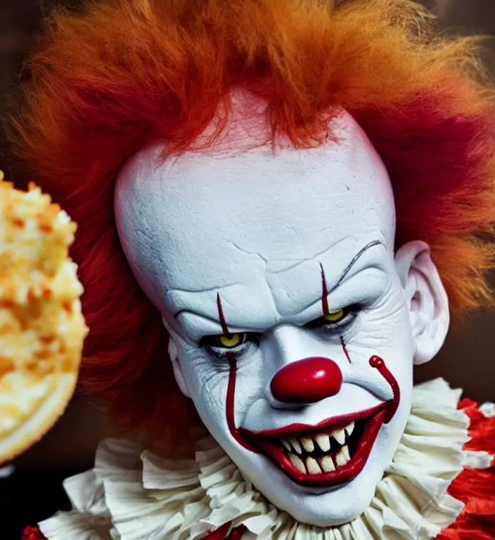 Image similar to pennywise the clown eating a whole cheesecake at applebee's restaurant, hyper realistic, photograph, high definition, wow, real, 4 k